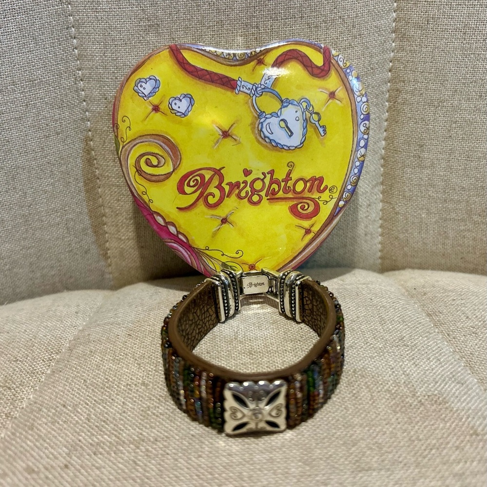 Brighton Colorful Beaded Bracelet with Silver Accent and Leather Band w/ tin.